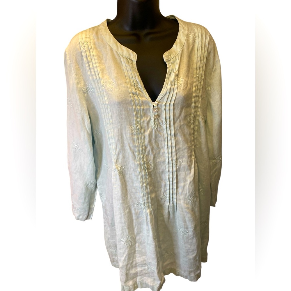 Saint Tropez West pale mint Pleated Tunic with Mandarin Collar 100% Linen Large